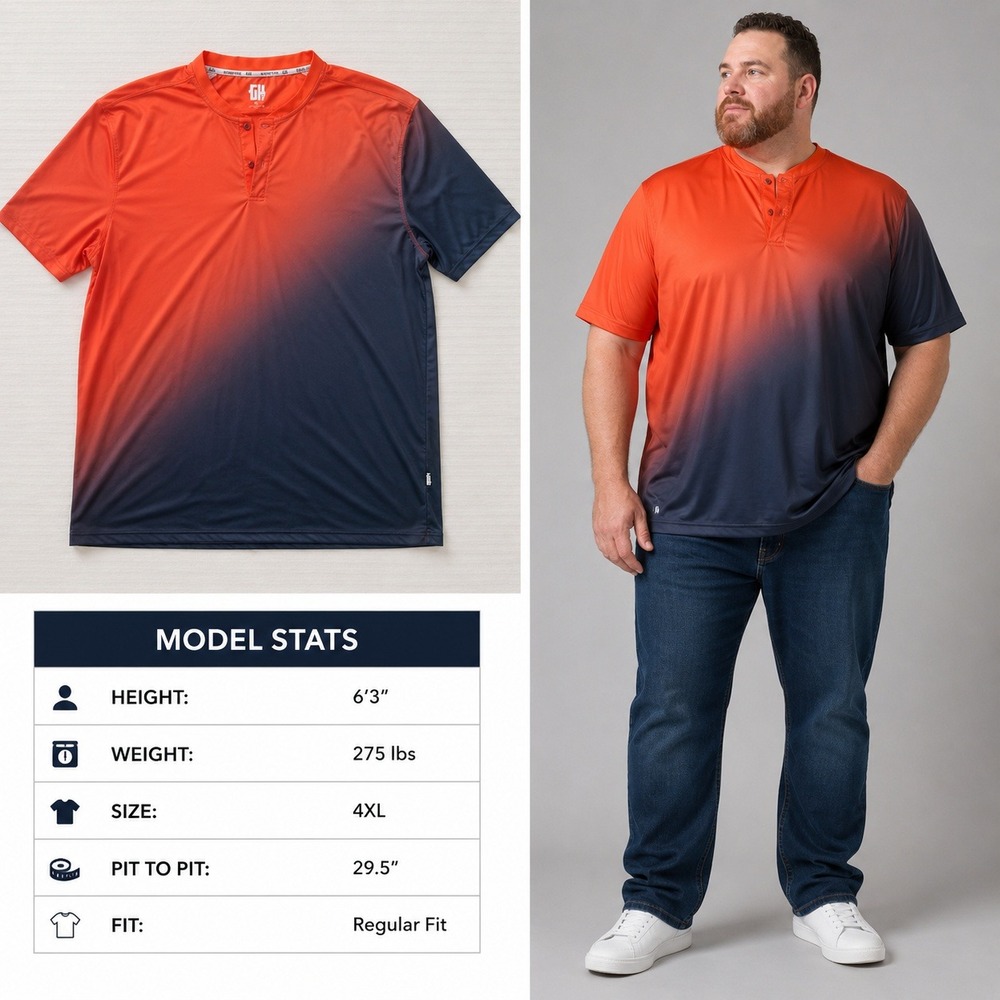 Greater Half Mens 4XL Henley Shirt Orange Navy Blue Ombre Gradient Performance
